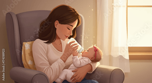 This flat design illustration portrays a tender moment of a mother bottle-feeding her baby girl in a warm, cozy nursery setting. The image emphasizes the bond and nurturing care between them.