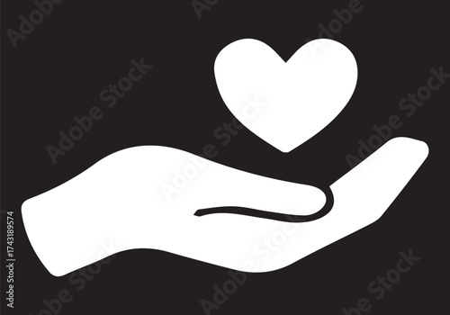 Heart in hand with black background and white icon vector design and digital illustration 