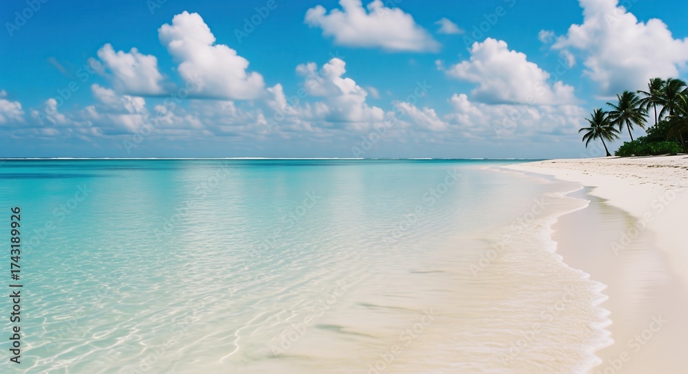 Fototapeta premium Serene tropical beach with crystal clear turquoise waters, white sand, and palm trees under a blue sky