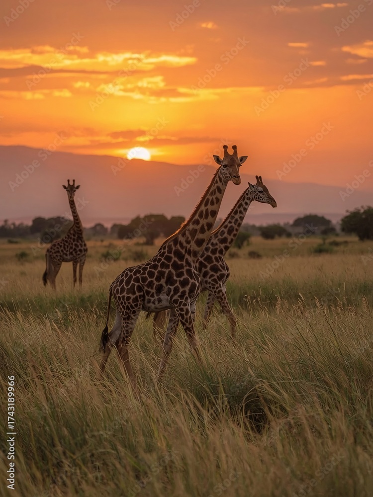 Fototapeta premium Giraffes Feeding in African Grassland During Vibrant Golden Sunset