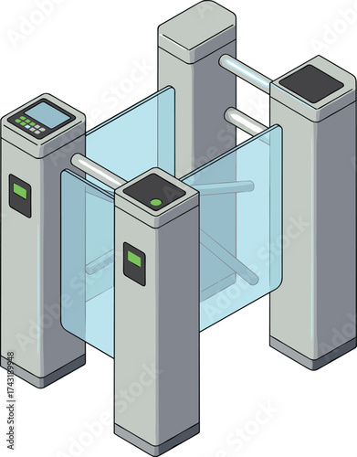 Modern security turnstile gate with access control system, electronic barrier, smart entry design, biometric scanner technology, 3D vector illustration