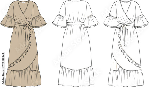 Wrap dress technical flat sketch, ruffle sleeve and hem with tie waist belt, fashion CAD drawing, vector apparel illustration template