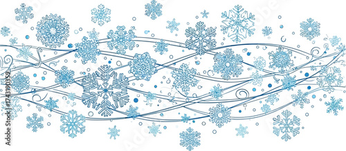 Elegant blue snowflakes and swirls create a festive winter wonderland background for holiday cards, banners, and seasonal designs with a cool, crisp feel