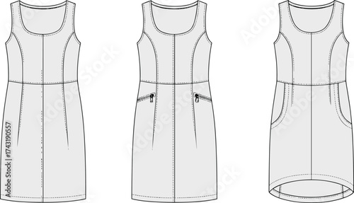 Sleeveless scoop neck dress technical flat sketch, princess seam variations with zipper and patch pockets, high low hem, fashion CAD template