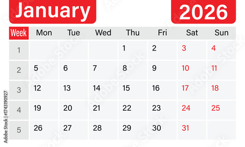 January 2026 calendar. Vector illustration