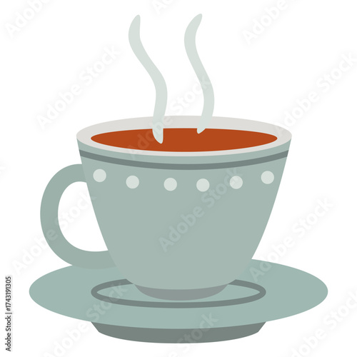 Steaming hot cup of coffee with a decorated mug on a saucer. Warm morning drink for cozy breakfast and relaxing moment.