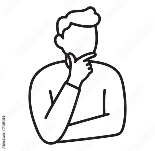 Simple outline illustration of a person thinking with hand on chin pose