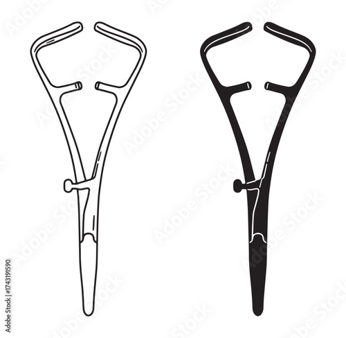 Surgical instrument clamps in black and white illustration suitable for medical concepts