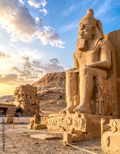 Majestic stone statue of a pharaoh at sunset