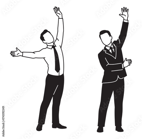 Two businessman in black and white with arms raised in celebration or success