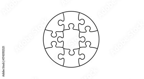Circular jigsaw puzzle with nine pieces, all connected, on a white background.