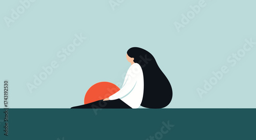 A woman with long hair sits, facing away, watching the sunset. Minimalist illustration.