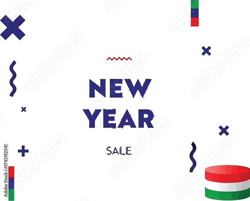 Vibrant New Year sale announcement with playful geometric shapes on a modern blue and green gradient background, create festive excitement for holiday shopping