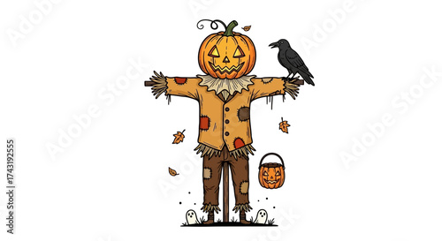 A scarecrow with a pumpkin head and a crow perched on its arm, with a Halloween bucket nearby.