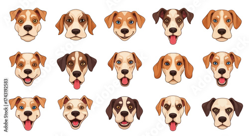 A collection of cartoon dog portraits with varied expressions and colors.