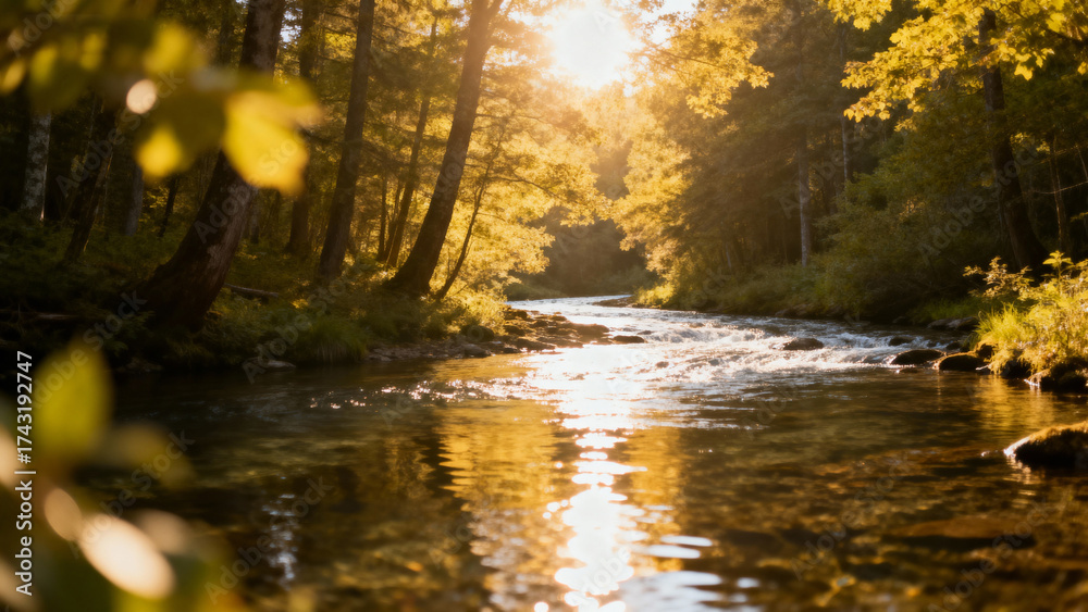Obraz premium Sunlit forest stream with trees