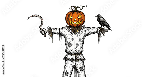 Halloween scarecrow with a pumpkin head holding a scythe, a crow perched on its arm.