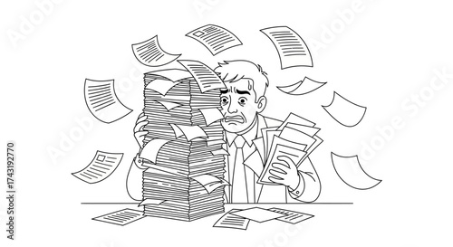 A stressed businessman overwhelmed by a towering stack of paperwork, documents flying around.