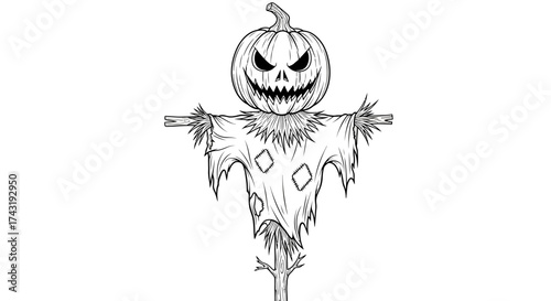 A spooky scarecrow with a carved pumpkin head, tattered clothing, and a sinister grin, isolated on white.