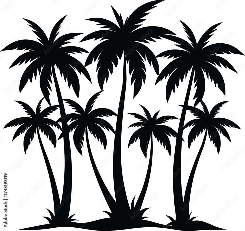 Obraz premium Vector art of a group of palm trees in silhouette, , perfect for summer themes