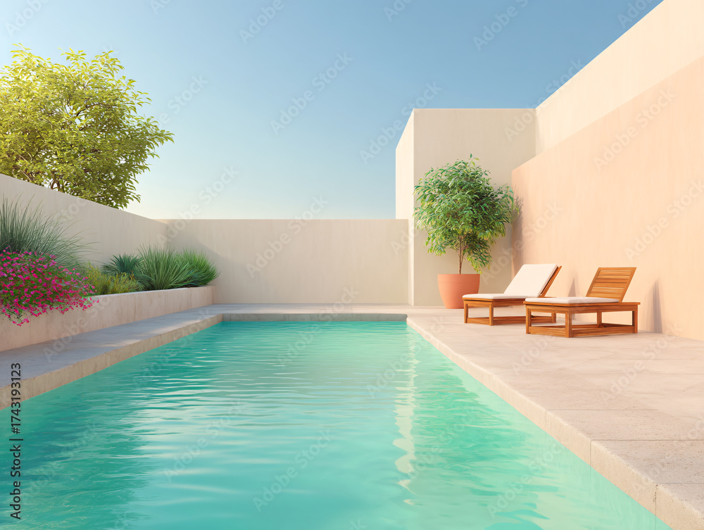 Fototapeta premium a modern, minimalist poolside area with a rectangular pool, two lounge chairs, and a colorful wall in the background featuring pastel shades of blue, pink, and yellow. The scene is accented by green f
