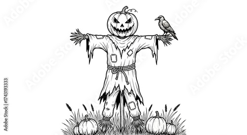 A spooky scarecrow with a carved pumpkin head, perched bird, and pumpkins.
