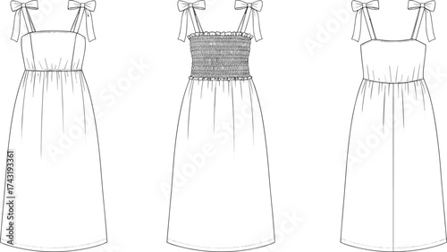 Sleeveless bow strap dress technical flat sketch, smocked back bodice with gathered skirt, fashion CAD drawing, vector apparel illustration template