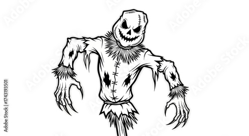 A creepy scarecrow with a stitched face and outstretched arms stands against a white background.