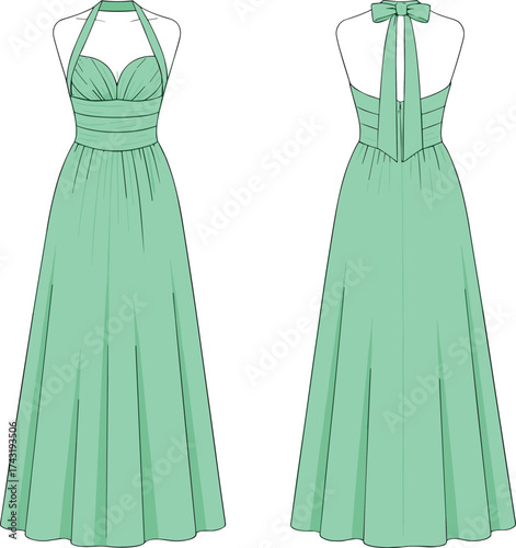 Elegant halter neck dress technical flat sketch, pleated bodice and flowing skirt design, fashion CAD drawing, vector apparel illustration template