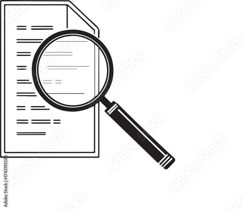 Magnifying glass examining a document with text representing research analysis and investigation