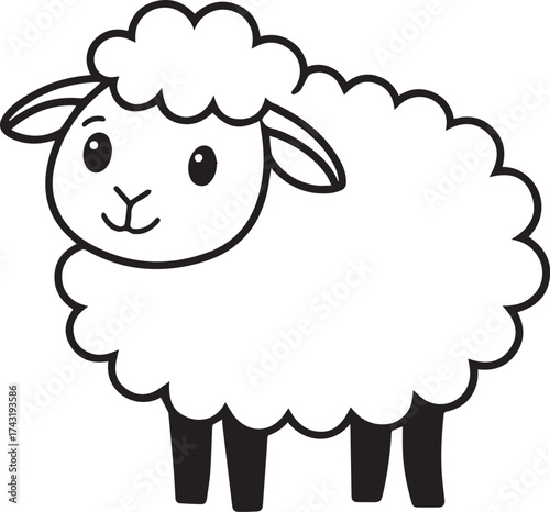 Cute hand-drawn black and white cartoon sheep illustration with fluffy wool and a friendly face