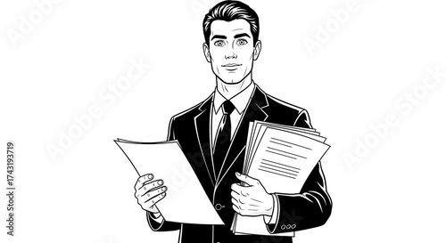 Man in suit holding papers, looking forward in a black and white illustration.