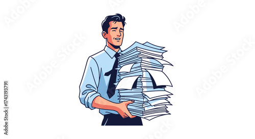 Man in shirt and tie holding a large stack of papers, smiling with a satisfied expression.