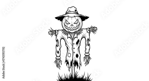 A spooky scarecrow with a carved pumpkin head, wearing tattered clothing, standing in grass.
