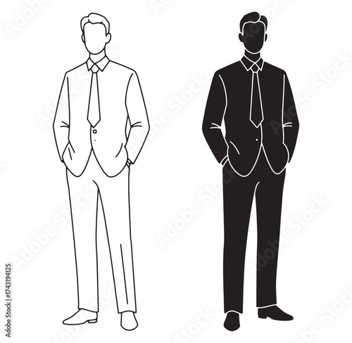 Vector illustration of a man in a suit in both line art and silhouette styles