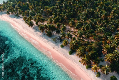 Aerial of a tropical coastline with a pink sand beach, turquoise water, and palm trees