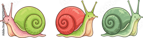 Three colorful cartoon snails with spiral shells, cute garden creatures, nature illustration, slow animals, educational design for kids and learning