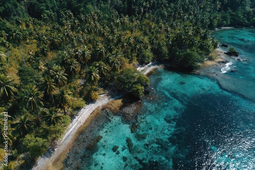 Aerial shot of a tropical coastline, featuring lush green trees, a sandy beach, and turquoise water