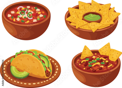 Traditional Mexican food illustration with tacos, nachos, salsa, guacamole and chili in bowls, authentic cuisine concept, delicious spicy meal