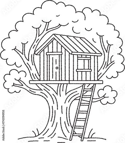 Treehouse nestled in large leafy tree black and white