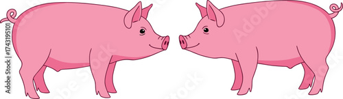 Two cute pink pigs facing each other, farm animals illustration, adorable livestock design, cartoon pig drawing for children and education