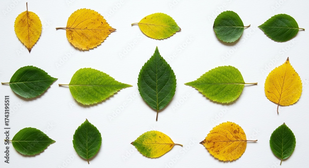 Obraz premium Capture the essence of autumn's changing beauty with delicate colorful leaf arrangements, perfect for nature themes, seasonal designs, and eco-friendly projects