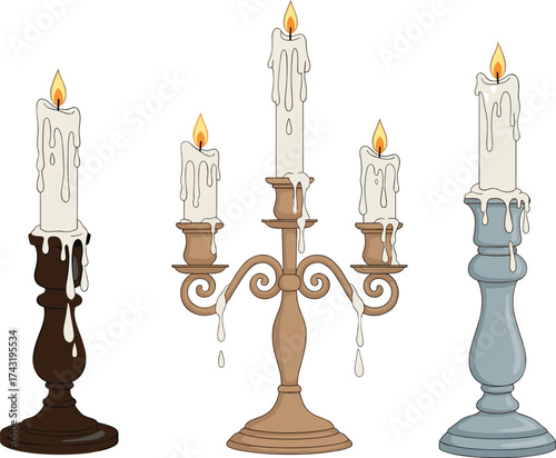 Vintage candle holders with burning candles, dripping wax, antique decor illustration, classic light source, old fashioned home design element