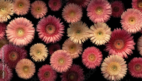 Overhead view of multiple Gerbera daisies in varying pinks, against a black background