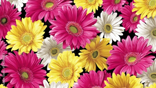 Vivid gerbera daisies, pink, yellow, and white, bloom against a dark backdrop