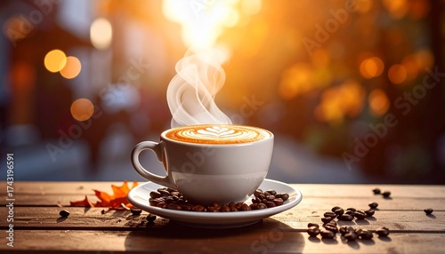 Steaming cup of coffee on a wooden table with autumn leaves and bokeh background