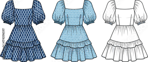 Square neckline puff sleeve dress technical flat sketch, tiered ruffle skirt CAD drawing, patterned fashion vector, apparel clothing template, garment construction illustration