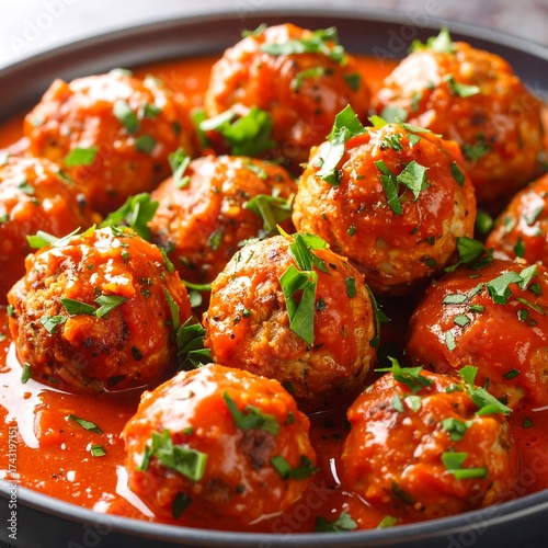 Meatballs in tomato sauce, garnished with fresh herbs