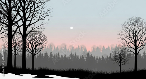 A serene winter landscape with bare trees silhouetted against a pastel sky, evoking a sense of tranquility and the quiet beauty of nature
