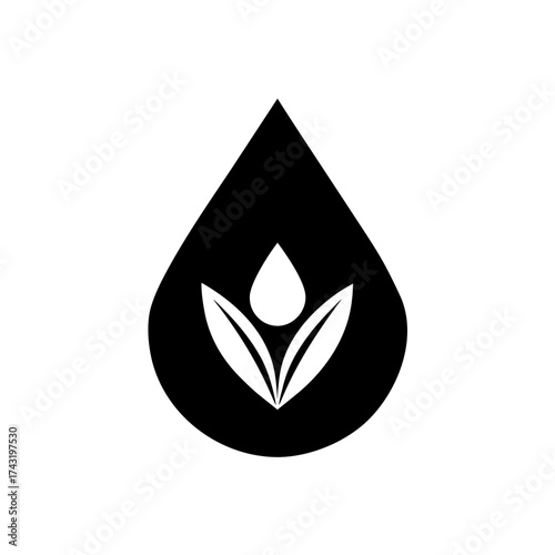 Black drop with leaf design on transparent background silhouette
